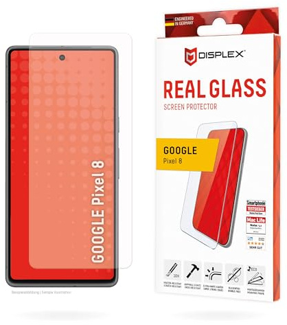 Schutzglas für Google Pixel 8 (10H), kristallklar, mit Eco-Montagerahmen | DISPLEX Real Glass, 10H Panzerglas, Bruchschutz, extra-harte Kanten, kratzfest, Anti-Shock, kristallklar, hüllenfreundlich