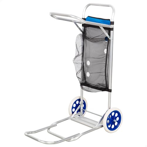 Aktive 62683 Carrello Tavolo Spiaggia, 42x100x50 cm, 2 in 1, Carrello Trasporto Pieghevole, Include Tasca e Griglia Ausiliare, Ruote 21 cm, Struttura e Piano Alluminio, Peso massimo supportato: 20 kg