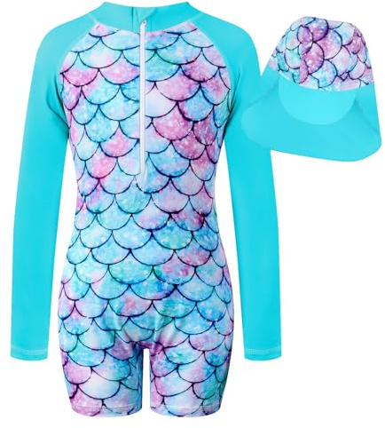 JiAmy Mädchen Badeanzug UV Schutz Einteiler Schwimmanzug mit Sonnenhut Langarm Reißverschluss Bademode Badeanzüge für Kinder Blau Mermaid 5–6 Jahre