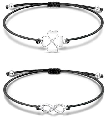 HSAJS 2 Paires Bracelet pour Femmes Fille, Bracelets Infini et Porte Bonheur Bracelet Bijoux Fait Main Bracelet Cordon Tressé Réglable Cadeau Chanceux pour Femme Filles (Noir)
