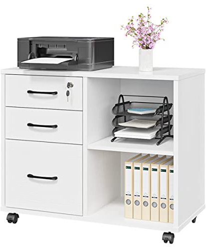 Panana Wood File Cabinet, 3 Drawer Mobile Lateral Filing Cabinet On Wheels, Printer Stand With Open Storage Shelves For Home Office (White-with lock)