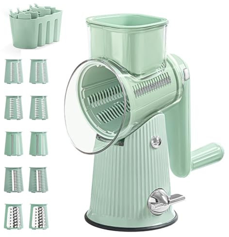 Rallador rotatorio, cortador de verduras giratorio con mango, cortador de verduras de cocina fácil de limpiar con 5 cuchillas intercambiables, fuerte succión para cortar ensalada, patata, cebolla, ajo