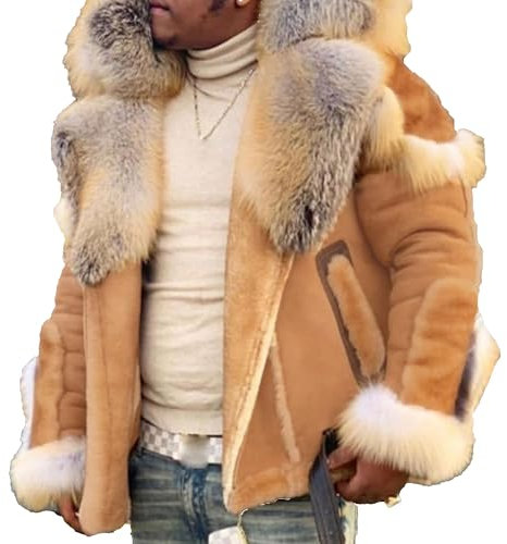 ZDJSWJ Manteau moelleux en fourrure pour homme Veste Sherpa en cuir de mouton doublé Parka en laine faux daim (Jaune Clair,3TG)