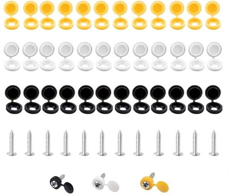 Car Number Plate Screws and Caps,48 PCS Number Plate Screws Cover Kit,License Plate Screw Caps,Car License Plate Fixing Devices,White,Yellow and Black Caps,with Screws 12 each, Plate Fittings for Car