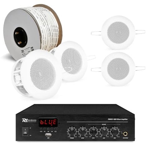4x PD CSBA3 Compact 100V Line speaker, Ceiling Speaker Kit with PDM25 Amp - Ideal Sound System for Cafe & Small Office Music System, Bluetooth-Enabled, Easy Install, Spring-Loaded Clips