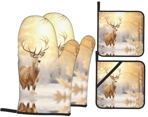 Golden Deer Lot de 4 maniques et maniques de Noël pour cuisine et décoration d'intérieur