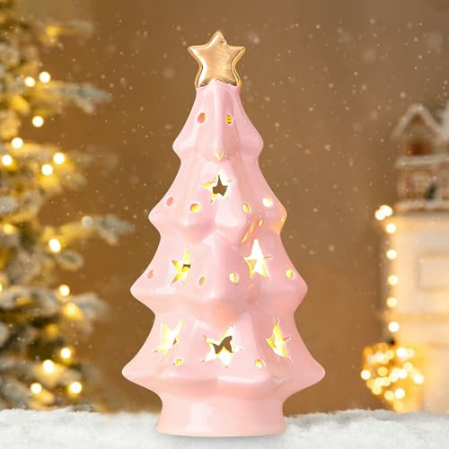 Weihnachtsdeko Beleuchtet Weihnachtsbaum, LED Mini Weihnachtsbaum Deko Figuren aus Keramik, Hohl Geschnitzte Weihnachtsbaum mit LED Licht Batteriebetrieben für Weihnachtsdeko Innen, Tischdeko (Rosa A)