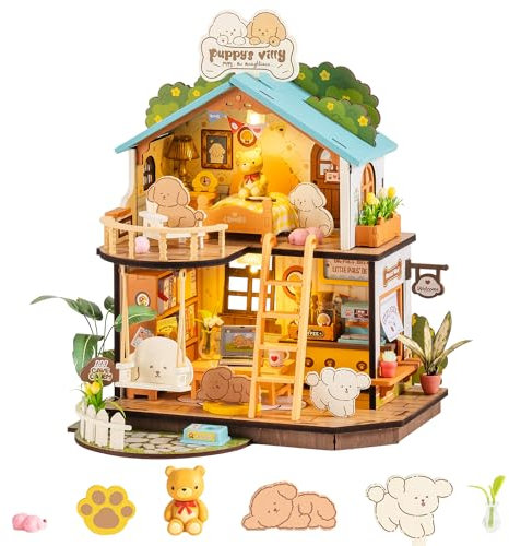 Rolife Miniatur Haus - DIY Miniature House Welpen gemütliche Villa, DIY Puppenhaus 3D-Puzzle Mini Haus Selber Bauen Diorama Modelbau für Erwachsene Bücherregal Deko