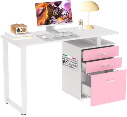 BAKAJI Scrivania con Cassettiera 3 Cassetti Tavolo da Lavoro Porta Pc Computer in Legno con Struttura in Acciaio Design Moderno 120 x 50 x 75 cm Arredamento Casa Ufficio Cameretta (Rosa)