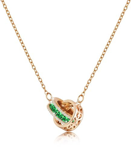 Linawe Emerald Green Necklace for Women, Interlocking Double Circle Moissanite Rhinestone Imitation Diamond Crystal Birthstone Pendant, Rose Gold Dainty Hypoallergenic Chain Necklaces