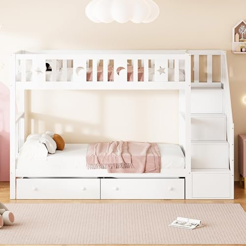 Moimhear Lettino per bambini, 90 x 200 cm, letto a castello in legno massiccio, con scala di sicurezza, scala di archiviazione, due grandi cassetti e rete a doghe, trasformabile in 2 letti piccoli