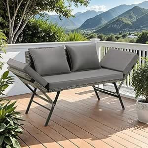 Gartenbank Polyrattan mit Liegefunktion, 2-Sitzer Polyrattan-Möbel, Rattan Gartensofa mit Verstellbare Armlehnen, Wetterfestes Balkon-Sofa, Gartenbank Wetterfest für Garten, Balkon,Terrasse (Grau)