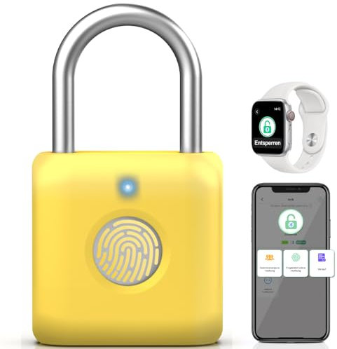 Anweller Fingerabdruck Schloss, Smart Schloss mit Bluetooth, Vorhängeschloss mit Fingerabdruck, Klein für Gym, Büro, Haus, Garten (Zitronengelb)