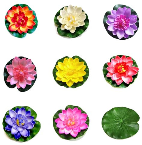 AHEJIOO Lot de 13 nénuphars artificiels flottants avec feuilles de lotus réalistes, 8 couleurs, diamètre 10 cm, nénuphars artificiels, mini étang pour aquarium, jardin et étang