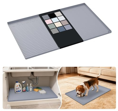 URMONA Tapis sous Évier en Silicone 55 x 86 cm, Protection Meuble Étanche | Bac de protection, rebord anti-fuite, fond antidérapant, cuisine, salle de bain, buanderie, garage, sous lavabo (Gris clair)