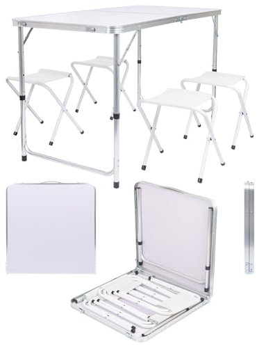 Harbour Housewares 120cm (4ft) Höhenverstellbar Aluminium Klappbarer Picknicktisch mit 4 Stühlen - Weiß - 4-Sitzer Faltbar Tragbar Draussen Garten Terrasse Camping Grill Essen Bockmöbel