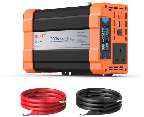 Rewing 1000W Power Inverter 12V to 230V AC Pure Sine Wave Inverter,Car Inverter DC 12v to AC 230V UK with AC Sockets Dual Car Adapter With LED Display Suitable (Inverter 12v 1000w (Orange), 12v 1000w)
