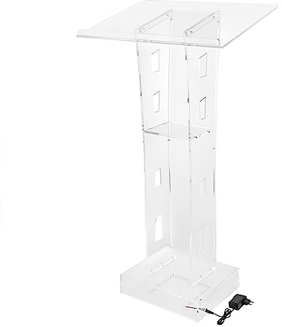 Podium Acryl Stehpult Rednerpult Klar Ständer Lucite Kanzel Podiumständer Leseplattform 43 Stehschreibtisch Transparent für Kirche, Vortrag, Hochzeit, Klassenzimmer mit LED Licht und Speicher Regal