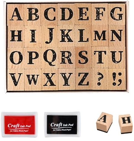 28 Stück Buchstaben Stempels, Alphabet Holz Stempel Set, Vintage A~Z Buchstaben Hölzerne Stempel Gummistempel Mark Symbol mit Stempelkissen für DIY Handwerk Karten Scrapbooking
