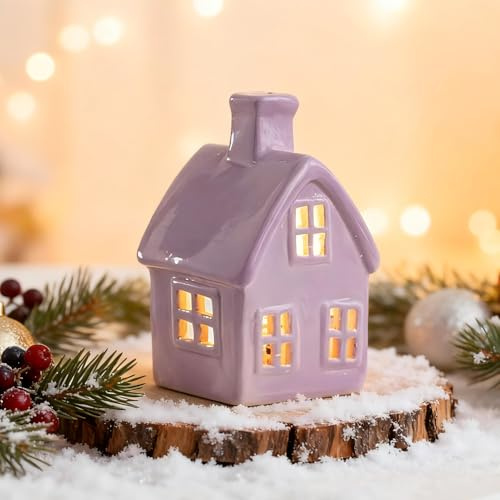 Winterhaus deko Teelichthaus aus Porzellan Häuser Kerzenhalter,Keramik Weihnachtshaus Teelicht Kerzenhalter,Weisse Häuser aus Keramik Deko Adventskerzenhalter Häuschen für Teelichter (Lila)