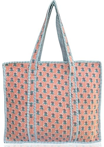 Third Eye Export Cotton Quilted Tote Bag for Women – Large Beach & Travel Tote with Zipper, Reusable Grocery Bag