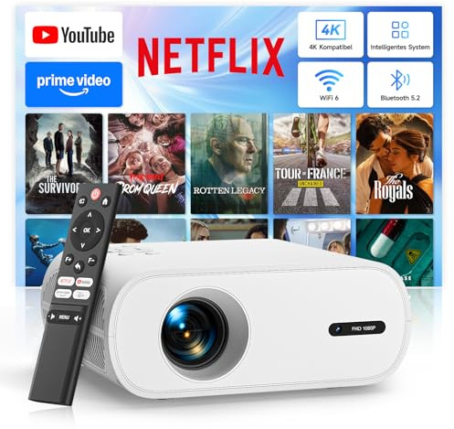 Mini Beamer 4K [Kompatibel mit Netflix & Offizielle Apps] 20000 Lumen Kurzdistanz Beamer mit Elektrischer Fokus/Trapezkorrektur, Android 13, 1080P FHD WiFi6 Bluetooth Smart Projektor für Schlafzimmer