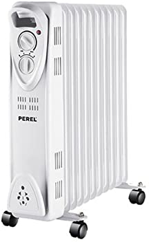 Perel Radiador de aceite de 2500W con 11 elementos, 3 niveles de calor, termostato ajustable, asa, ruedas, protección contra sobrecalentamiento y vuelco, calefactor portátil, silencioso y eficiente