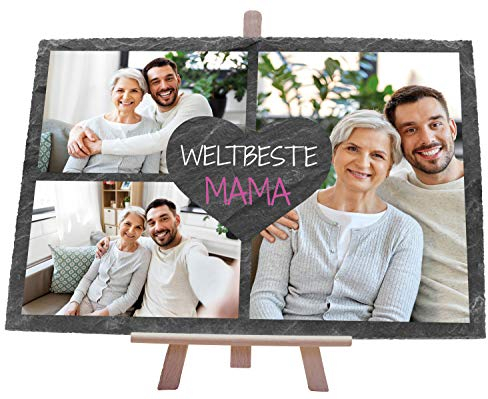 wandmotiv24 Schiefertafel Beste Mama, Personalisiert mit Ihren Farbfotos, Aufstellschild 3 Bilder inkl. Spruch & Herz, Holz-Staffelei, Querformat 30x20cm, Natur Schieferplatte, Foto-Geschenk, Deko