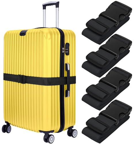 BlueCosto Gepäckgurte für Koffer – Schwarz, 4er-Pack – Premium-Nylongurte für die Gepäcksicherheit – Strapazierfähig mit Verstellbarer Länge 1–2 Meter