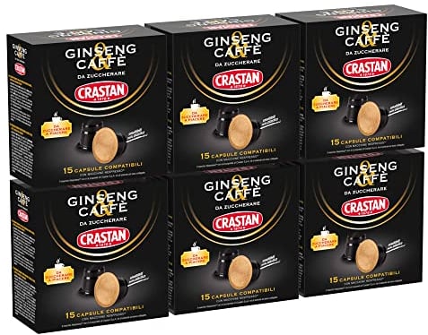 CRASTAN 1870, 90 Capsules, 6 Boîtes de 15 Capsules De Boisson au Ginseng et au Café, Capsules Compatibles Nespresso pour Sucrer à Plaisir, Boisson Sans Gluten, 100% Made in Italy