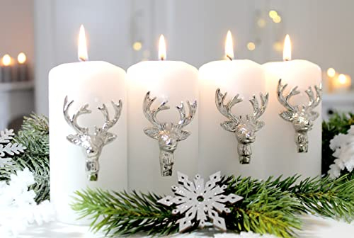 4er Set Kerzenstecker Verzierung Stecker Kerzen Silber Advent Adventsdeko (Hirsch Kopf Geweih Silber)