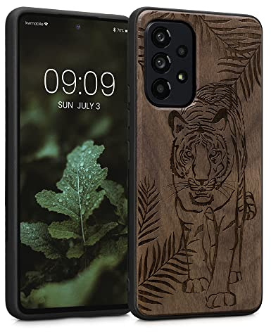 kwmobile Hülle kompatibel mit Samsung Galaxy A53 5G Hülle - Holz Case - Handy Cover - TPU Handyhülle in Dunkelbraun Tiger Palmen