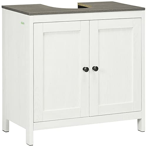 kleankin Modern Bathroom Sink Cabinet, Floor Standing Under Sink Cabinet, Freestanding Storage Cupboard with Adjustable Shelf, Double Doors, Antique White