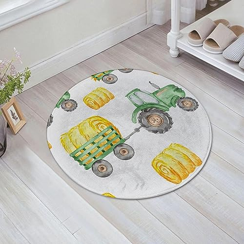 teppich rund 60 cm,badematte rutschfestTraktor-Karikatur-Landmaschinen-LKWs,Bauauto-Erntemaschine-Traktor-Ge Weich Kurzflor Teppiche für Eingangsbereich Innen Dusche Zimmer Kinderzimmer Schlafzimmer