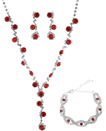 FDEETY Schmuckset Damen Braut Strass Halskette Ohrringe Armbänder Sets Brautjungfer Schmuckset Geschenk Brautschmuck Hochzeit für Braut Brautjungfer (Rot)