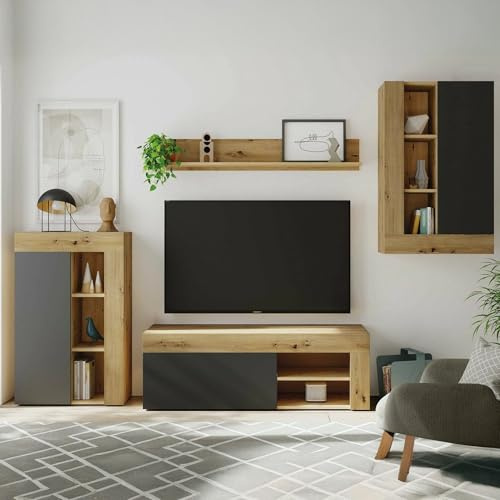 Dmora - Wohnwand Watertown, modernes Wohnzimmer-Set, Mehrzweck-Wohnzimmermöbel, 260 x 41 x 102 cm, Eiche Nodes und Anthrazit