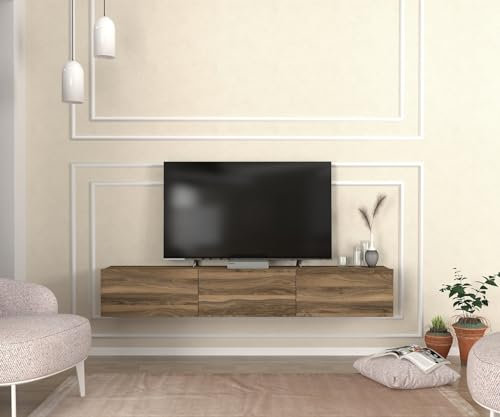 Newport Tv Stand 180 Cm, Wall Mounted Tv Unit with Cabinet, Floating Media Stand with 3 Closed Storage Shelves, Entertainment Unit for Living Room, Bedroom and Dining Room (Walnut)