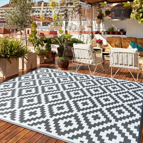 CHOSHOME Outdoor Teppich Wetterfest Balkon Teppiche 180x270CM Wasserabweisend UV Beständig Teppich Outdoor Modern Camping Teppiche Plastik Recyceltem Außenteppich BBQ Picknick Grau Wendbarer