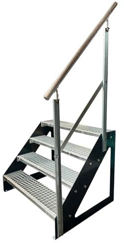 Kaminbau Mierzwa Premium Stahl Treppe Freistehend mit verzinktem Geländer Rechts/Wangen Anthrazit RAL 7016/4 Stufen verzinkt (Breite 600 mm) (Höhe 76 cm) Gitterroststufe Gartentreppe