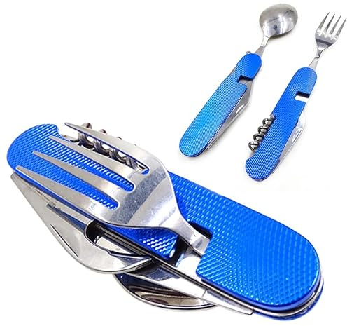 Movoja 6in1 Campingbesteck | Edelstahl | Teilbar | Feldbesteck | Outdoor Camping Flaschenöffnet Festival (Blau)