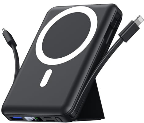 Mag-safe Power Bank, Azmuth 10000mAh Magnetic Battery Pack 22.5W PD Fast Charging with USB-C Cable LED Wireless Portable Charger with Stand for iPhone 16/15/14/13/12/Pro (Black)