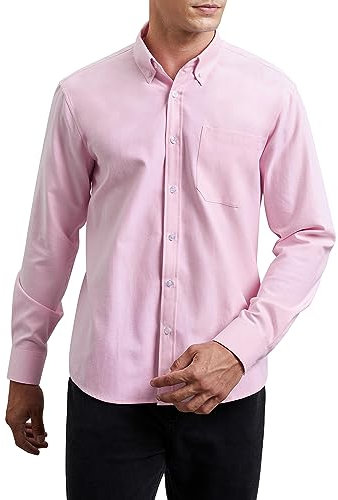 HISDERN Chemise à Manches Longues Oxford pour Homme Décontractée Coton Chemises Hommes Couleur Unie Business Casual Bouton Shirts avec Poche Rose 5XL