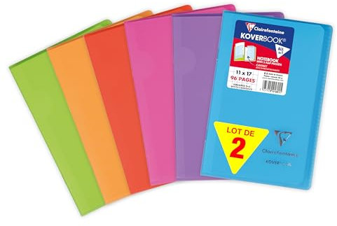 Clairefontaine 941601AMZC Un Lot de 2 Carnets Agrafés Koverbook - 11x17 cm - 96 Pages Petits Carreaux - Papier Blanc 90 g - Couverture Enveloppante Polypro - Couleurs Aléatoires