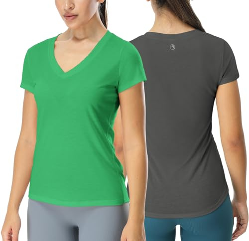 icyzone Lot de 2 t-shirts à manches courtes et col en V pour femme, Gris foncé/vert, M