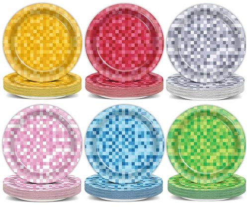 CHUNNIN 60Pcs Mini Pixel Party Paper Plates for Mining Pixel Party Decorations 7in Pixel Birthday Disposable Tableware Dinnerware Set for Baby Shower Video Game Pixelated Themed Party Supplies