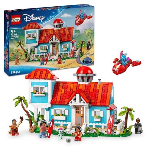 LEGO ǀ Disney Casa en la Playa de Lilo y Stitch de Juguete con 6 Habitaciones, Observatorio, Nave Espacial, 5 Minifiguras, Tabla de Surf y Más, Regalo de Cumpleaños para Niñas y Niños de 9+ Años 43268