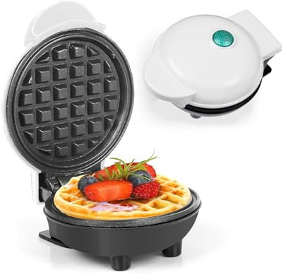 AHDXKUE Mini Waffle Maker Non-Stick Waffle Iron Machine, Mini Pancake Maker with Power/Ready Indicator Light Waffle Maker for Waffles, Sweet/Savoury Snacks Desserts, White
