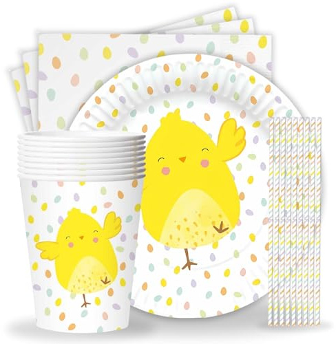 AKH® Easter Party Tableware Set | 62 Pcs | 8 Bunny Plates, 8 Paper Cups, 16 Napkins, 30 Straws | Easter Party Table Set for Kids Adults | Disposable