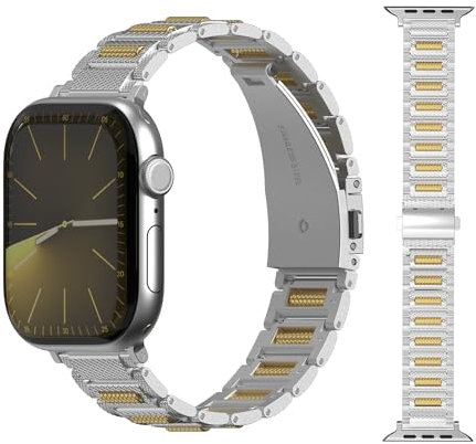Edelstahl Armband Kompatibel mit Apple Watch 46mm 49mm 45mm 44mm 42mm, Metall-Gliederarmband mit Kugellager-Design für iWatch Series 10 9 8 7 6 5 4 3 2 1/Ultra 2/SE, Werkzeuglos abnehmbar-Silber