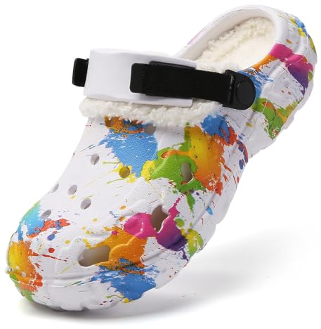 ELIOGN Zuecos de invierno con forro - Zuecos Eva para hombre con diseño de salpicaduras de color – Zuecos de jardín ligeros y antideslizantes con correa ajustable, Pantuflas de jardín de estilo